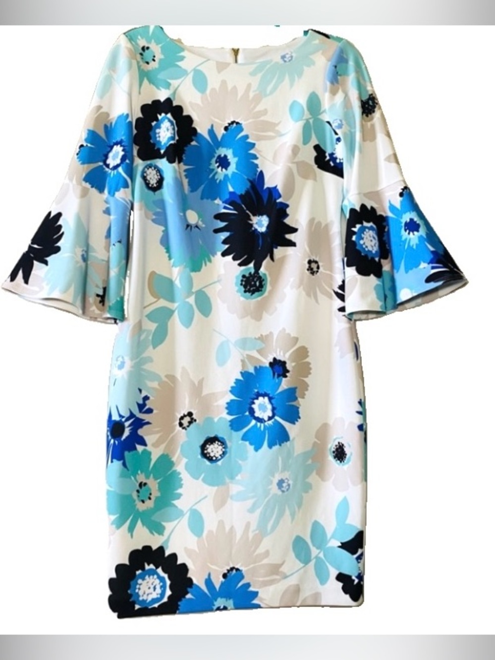 Calvin Klein White Floral Shift Dress with Blue and Black Blooms